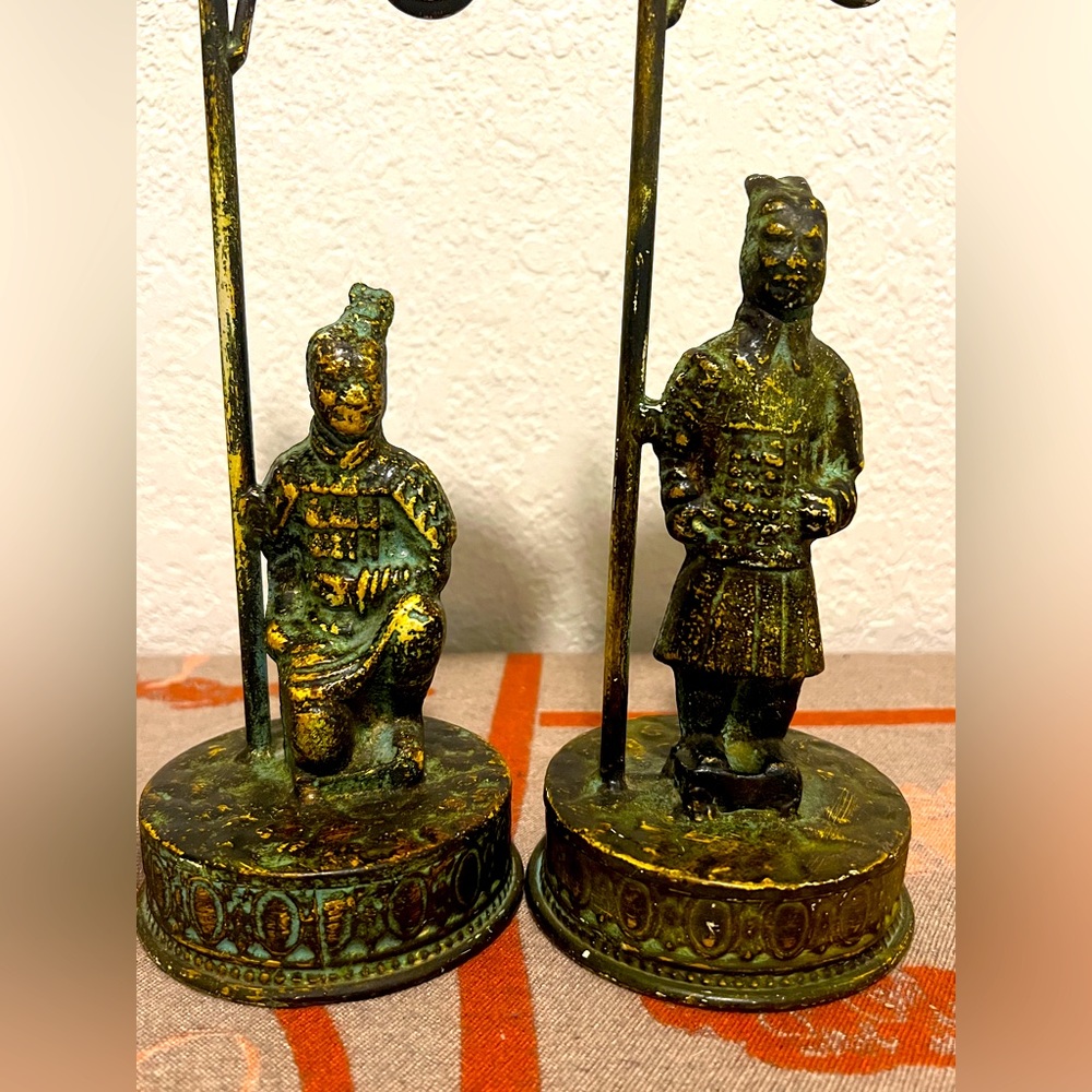 RETIRED 2 Japanese  Samurai Warrior Patina Candle Holders 15in tall